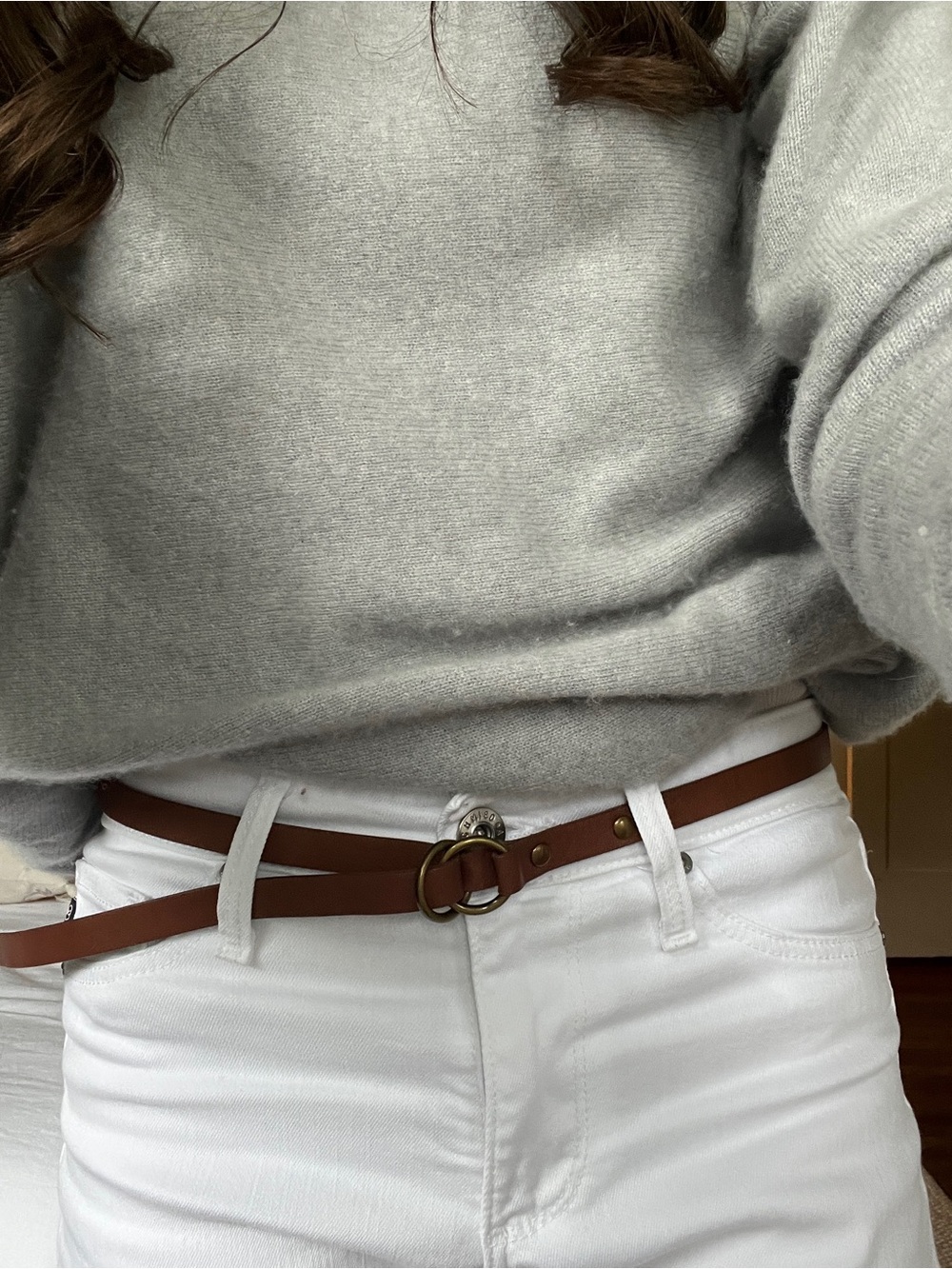 Tibi Chestnut Brown Leather Double-Ring Skinny Belt with Brass Hardware One Size - Picture 7 of 10